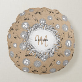 Almofada Redonda Vintage Birds & Nest Rustic Kraft Brown