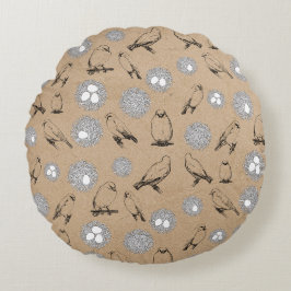 Almofada Redonda Vintage Birds & Nest Rustic Kraft Brown