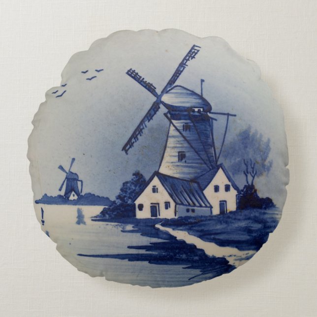 Almofada Redonda Vintage Blue White Delft Windmill (Frente)