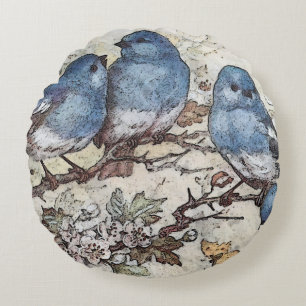 Almofada Redonda Vintage bluebird ilustra a natureza das aves bonit
