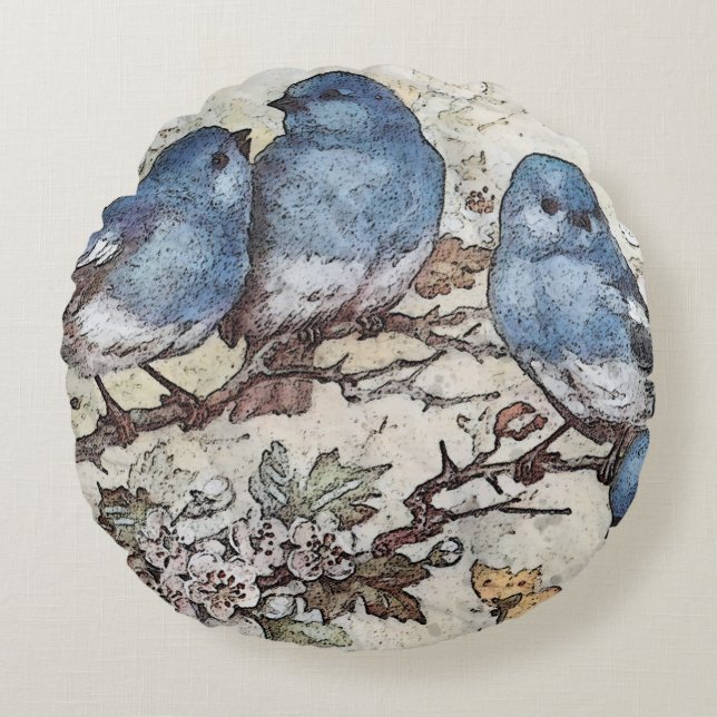 Almofada Redonda Vintage bluebird ilustra aves bonitinhas natureza (Frente)