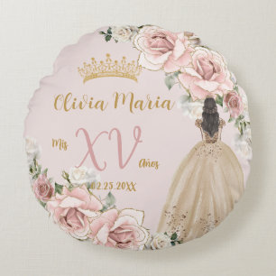 Almofada Redonda Vintage Blush Pink Champagne Floral Quinceañera