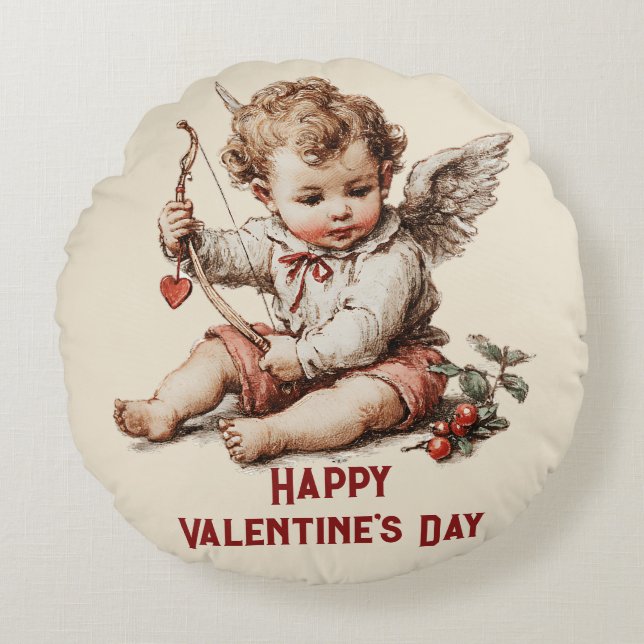 Almofada Redonda Vintage Cupid With Heart Bow (Frente)