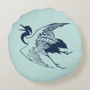 Almofada Redonda Vintage - Desenho japonês de uma grua, azul