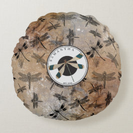 Almofada Redonda Vintage Dragonfly Entomology Monogramas