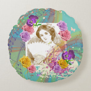 Almofada Redonda Vintage Fan Lady Music & Flowers Teal Round Traves