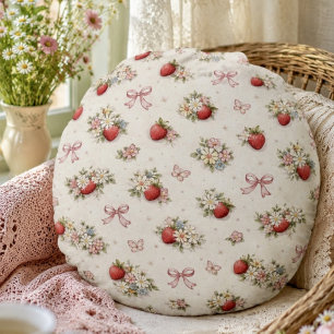 Almofada Redonda Vintage Floral de Morango Sem Costura cottagecore