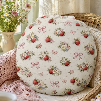 Almofada Redonda Vintage Floral de Morango Sem Costura cottagecore