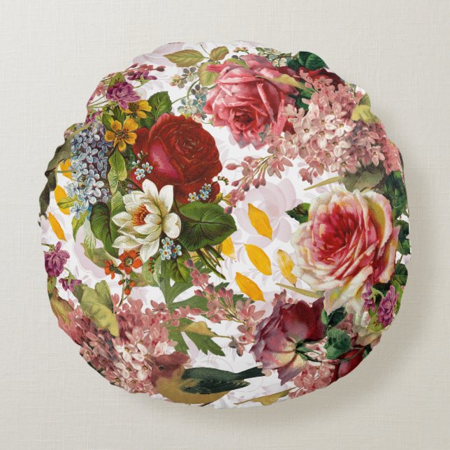 Almofada Redonda Vintage Floral Rosa Collage (Frente)