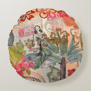 Almofada Redonda Vintage Flowers Hula Colorful Hawaiian Tropical