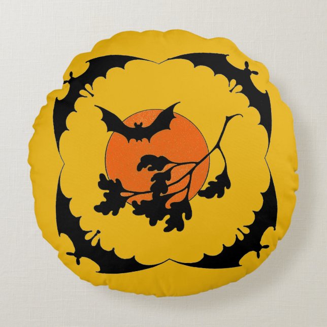 Almofada Redonda Vintage Halloween Bats & Harvest Moon (Frente)