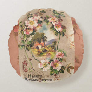 Almofada Redonda Vintage Happy Birthday Card Trabalho de arte