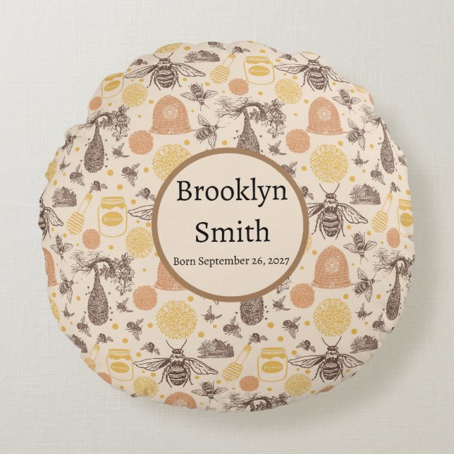 Almofada Redonda Vintage Honey Bumblebee Personalizado (Frente)