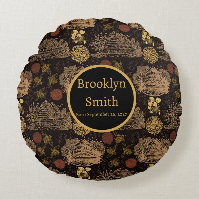 Almofada Redonda Vintage Honeycomb Bee Black Nursery (Frente)