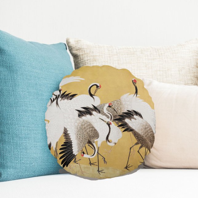 Almofada Redonda Vintage Japonês Crane Bird Flocks (Criador carregado)