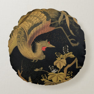 Almofada Redonda Vintage Japonês Phoenix Gold Black Bird