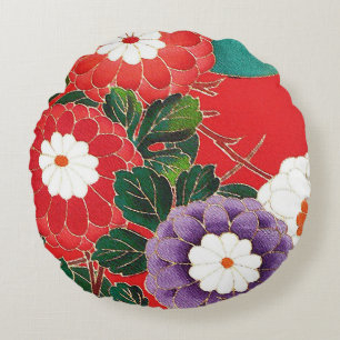Almofada Redonda Vintage Japonês Textil - Red Dahlias