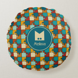 Almofada Redonda Vintage Jigsera Quebra-cabeça, Peças, Padrão Monog