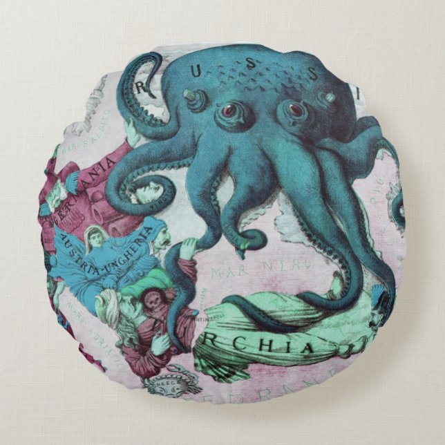 Almofada Redonda Vintage - Mapa Marítimo Ilustrado Mar Mediterrâneo (Frente)