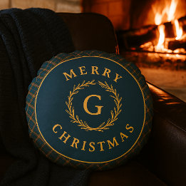 Almofada Redonda Vintage Monograma Wreath Blue Xadrez Foto de Natal