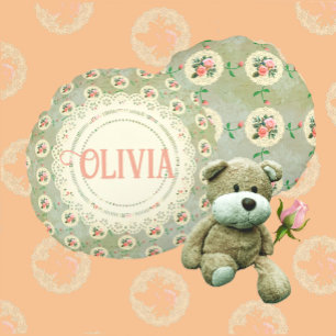 Almofada Redonda Vintage Personalizado Rosa Doily Green Damask