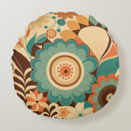 Almofada Redonda Vintage retro design floral castanho-verde