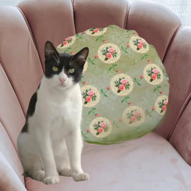 Almofada Redonda Vintage Rosa Doily Green Damask (Criador carregado)