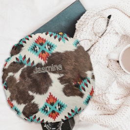 Almofada Redonda Vintage Rustic Boho Western Cowhide Cowgirl