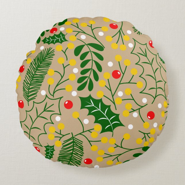 Almofada Redonda Vintage Rustic Greenery Holly Berry Natal (Frente)