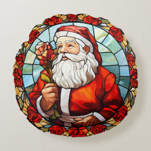 Almofada Redonda Vintage Santa Claus Manteve Rosas de Vidro Natal