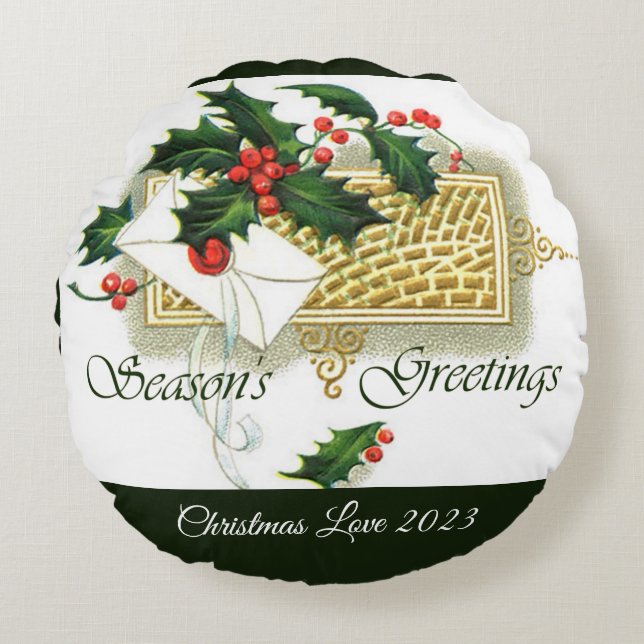 Almofada Redonda Vintage Seasons Greetings Christmas  Round Pillow (Frente)
