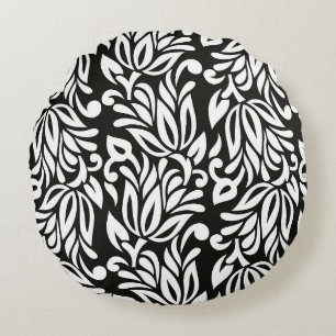 Almofada Redonda Vintage sem costura, preto e branco, floral