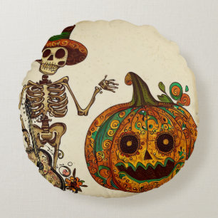 Almofada Redonda Vintage Skeleton/Pumpkin Day of the Dead (Dia de P