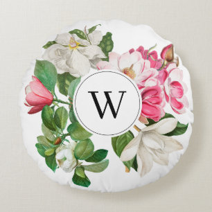 Almofada Redonda Vintage White & Pink Magnolia Flowers Monograma