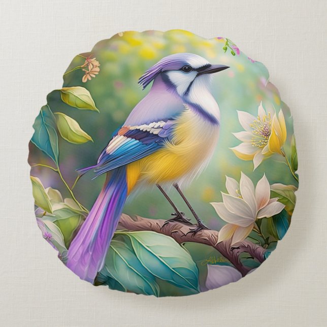 Almofada Redonda Violet Tufted Jay Fantasy Bird (Frente)