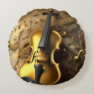 Almofada Redonda Violino Ouro Vintage Em Cordas Musicais Douradas,