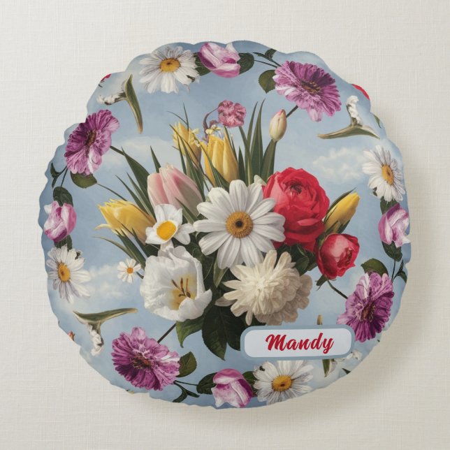 Almofada Redonda Visitas, Lírios e Tulipas (Frente)