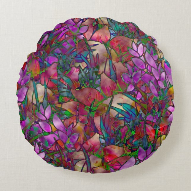 Almofada Redonda Vitral floral do travesseiro decorativo redondo (Frente)