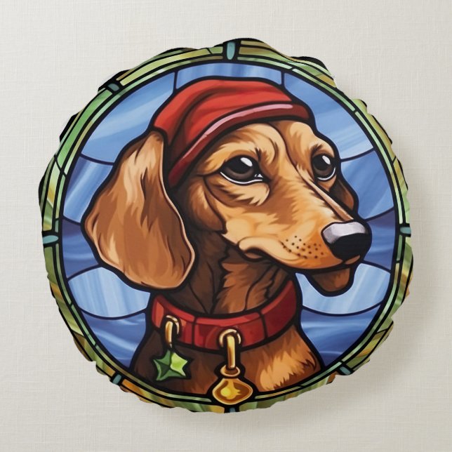 Almofada Redonda Vitraux de Natal de Dachshund (Verso)