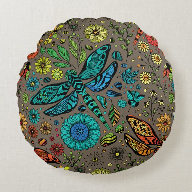 Almofada Redonda Voe, voe libélula em marrom (Frente)