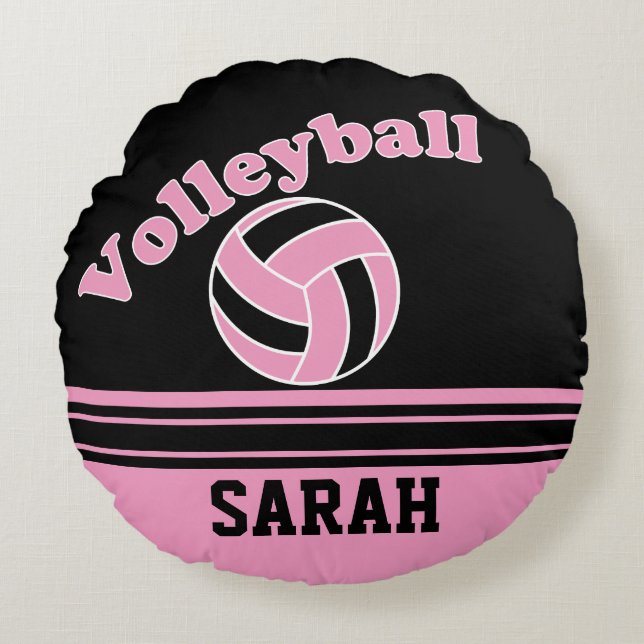 Almofada Redonda Voleibol do Esporte Rosa e Negro | DIY Name (Frente)