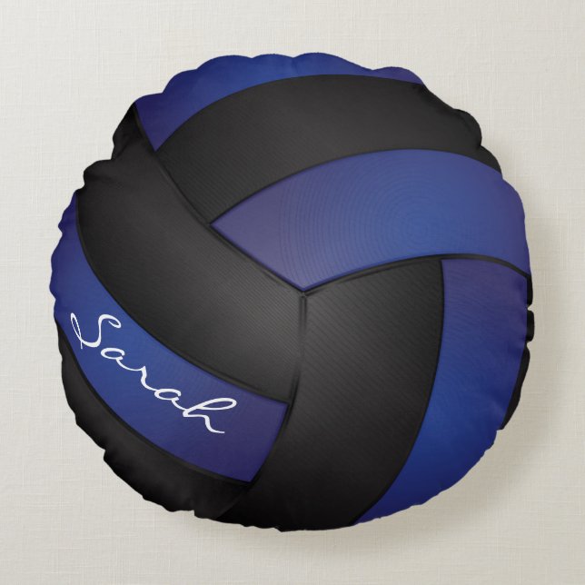 Almofada Redonda Voleibol Negro e Azul Escuro | Personalizar (Frente)