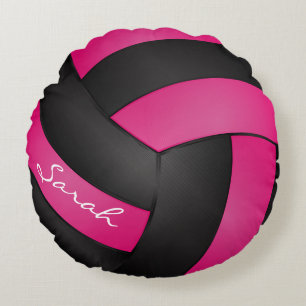Almofada Redonda Voleibol Rosa Quente e Negro DIY Name Esporte