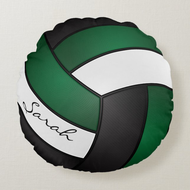 Almofada Redonda Voleibol Verde escuro, preto e branco | DIY Name (Frente)