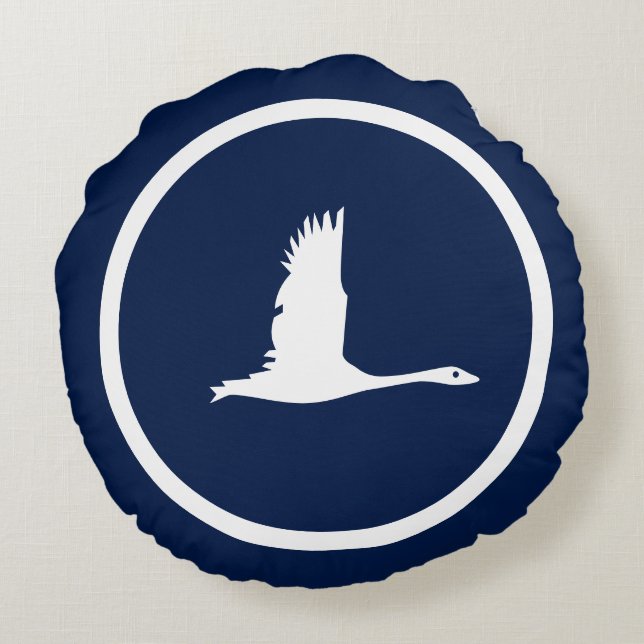Almofada Redonda Voo náutico quase Marinho de aves de água azul (Verso)