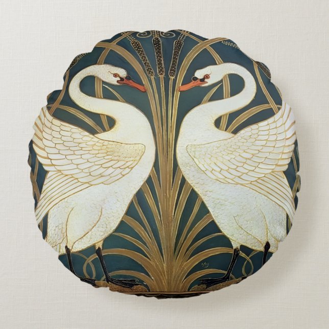 Almofada Redonda Walter Crane Swan, Rush E Iris Art Nouveau (Frente)