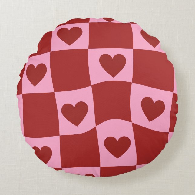Almofada Redonda Warped Crimson Pink Checkerboard Pillow (Frente)