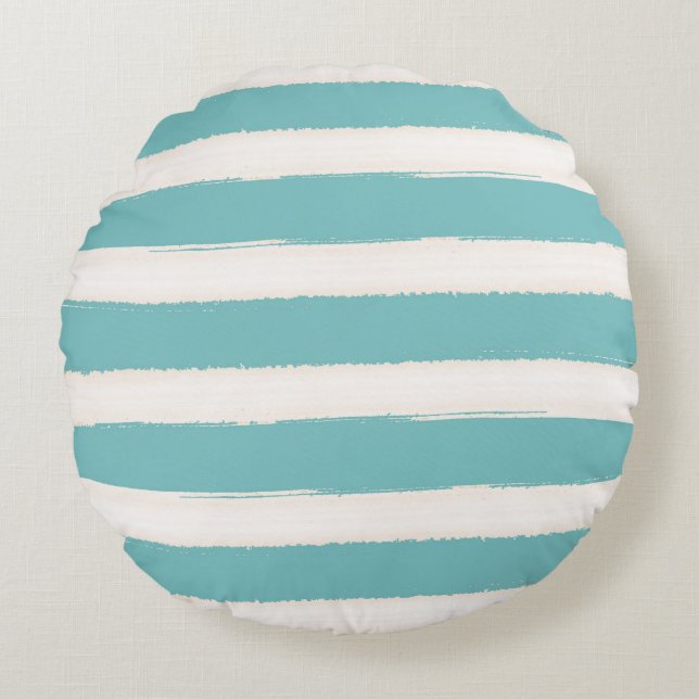 Almofada Redonda Watercolor Aqua White Beach Stripes (Frente)