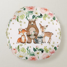 Almofada Redonda Watercolor Floral Woodland Animal Girl Nursery