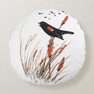 Almofada Redonda Watercolor Red Wing Blackbird Bird Nature art